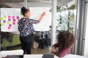 Two women collaborating on project strategy using notes in modern office.